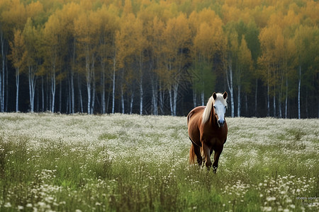 一匹马在白花草地上放牧高清图片