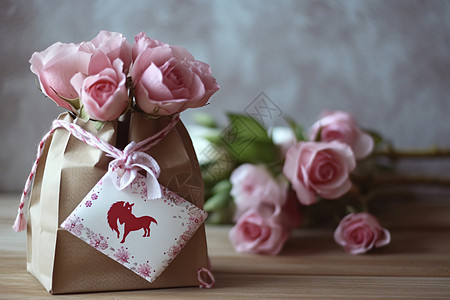 粉红色的玫瑰放在棕色纸袋里图片