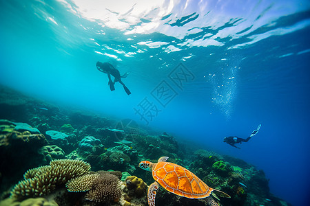 两个潜水员在珊瑚礁附近潜水的时候看到了一只海龟图片