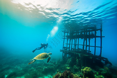 在海底潜水员和海龟一起游向了木架子图片