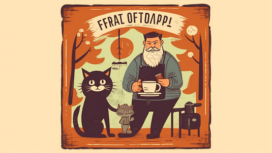 一个人喝咖啡一人一猫喝咖啡插画