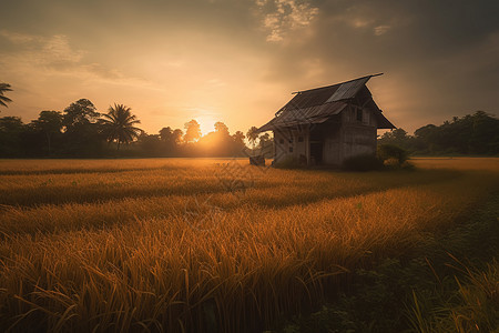 金色日落稻田里的米仓图片