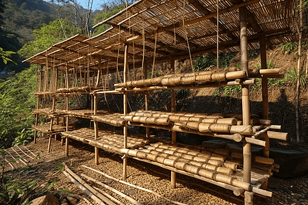 竹架上晾晒草药图片