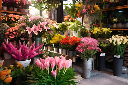 玫瑰百合花店里陈列着多种鲜花背景