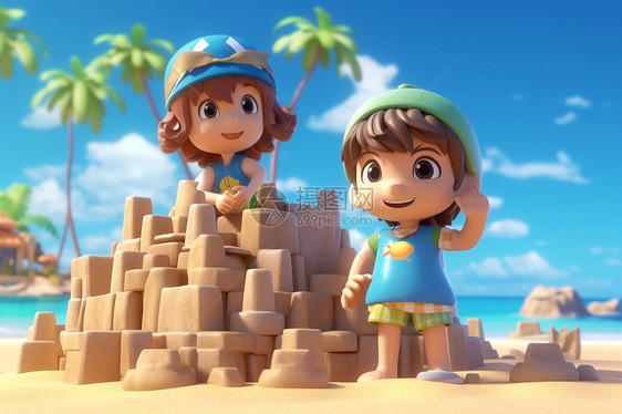 一个男孩和一个女孩在海滩上建造一座沙堡图片
