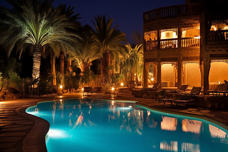夜晚度假酒店的游泳池图片