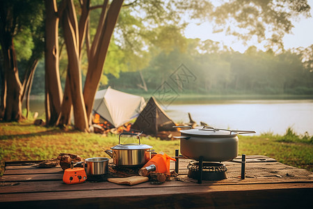 露营的炊具和帐篷高清图片