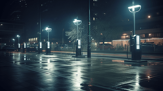 电动汽车城市夜晚下的充电站背景