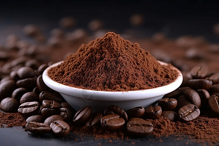 咖啡豆包围的研磨咖啡图片