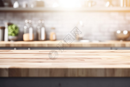 木制台面上模糊的厨房背景图片