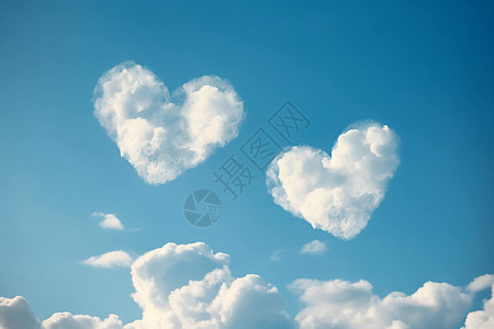 两朵爱心形云朵在蓝天中飞翔图片