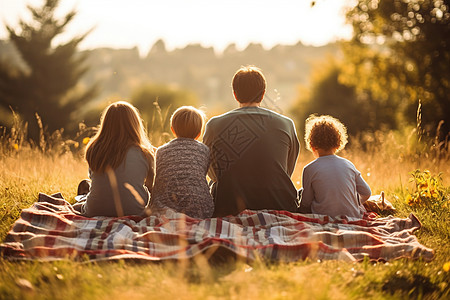 父母旅游父母和孩子坐在野餐毯上背景