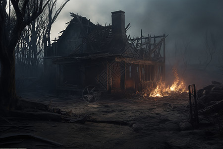 荒野中被烧焦的房子图片
