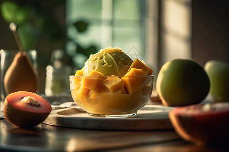 玻璃碗中的芒果冰糕甜点图片