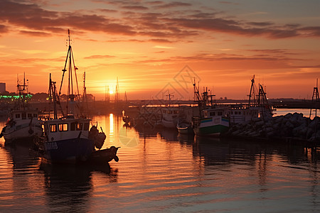 日落的渔港图片