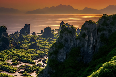 夕阳照耀的自然风景图片