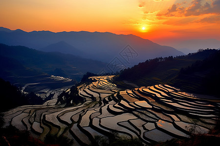 日落时山中的梯田背景图片