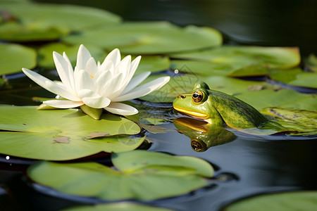夏天池塘中的青蛙和荷花高清图片