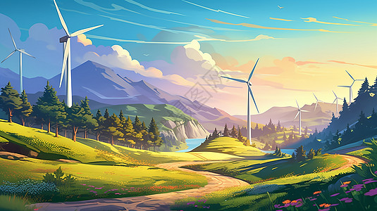 山间的风力涡轮机插图背景图片