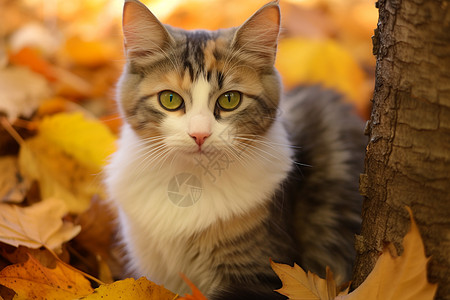 树叶堆中的小猫咪图片