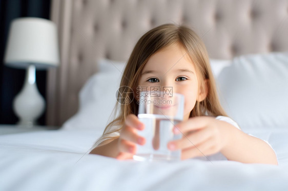 小女孩在床上拿着水杯喝水图片