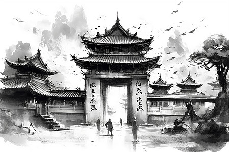 寺庙大门中国寺庙的宁静水墨画插画