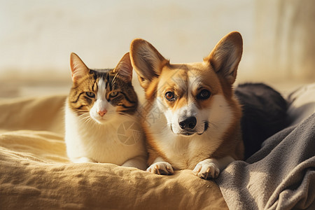 沙滩上玩耍的小狗猫咪图片