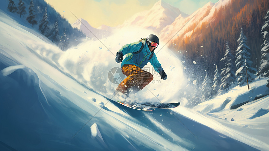 雪山上高速滑雪图片