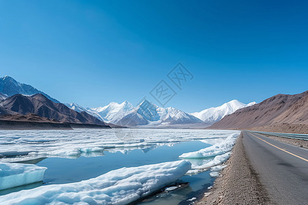 冰雪冰山背景道路旁的一座座冰山设计图片