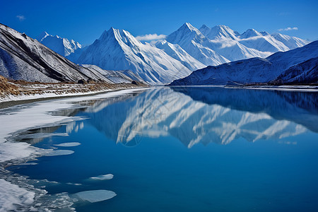 蓝色的湖泊和美丽的白雪背景图片