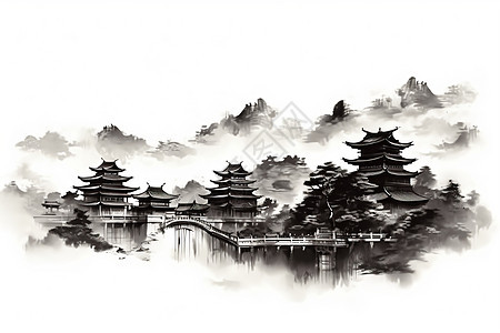 水墨风格的中国传统建筑图片