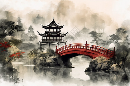 精致的中式风景水彩画背景图片