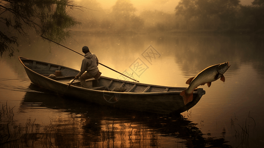 船上钓鱼人傍晚时分河中打鱼的人背景