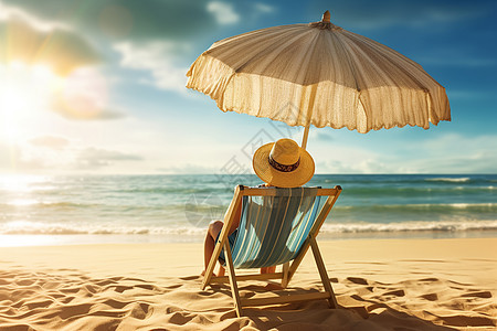 躺在太阳伞遮荫下的沙滩椅图片