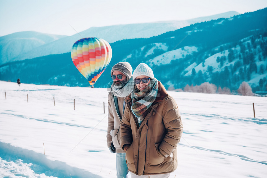 雪地里散步的夫妇图片