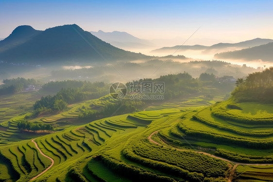 清晨云雾梯田山景图片