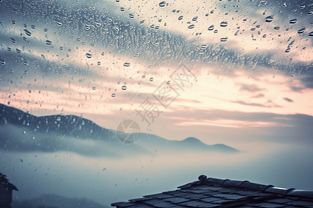 雨雾天玻璃窗外的雨珠背景