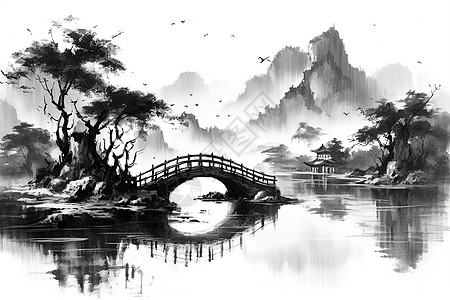 中国风湖上桥梁图片