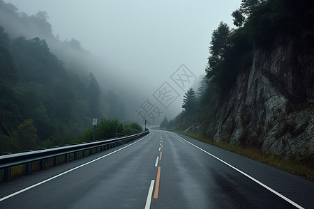 清晨公路上笼罩的薄雾高清图片