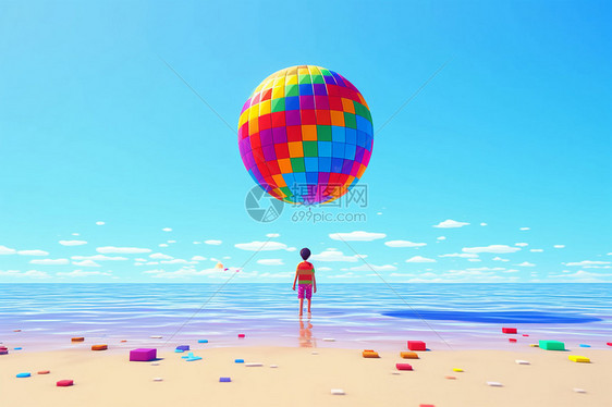 沙滩上的孩子和气球图片
