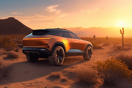在沙漠道路上行驶的新能源汽车图片