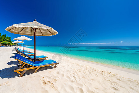 大连海景沙滩上的伞和躺椅背景