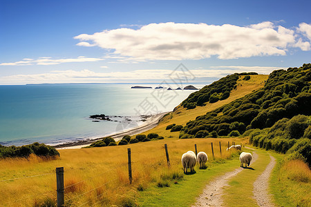 海岸边吃草的绵羊图片