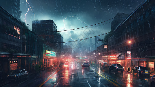 城市街道的雷暴雨图片