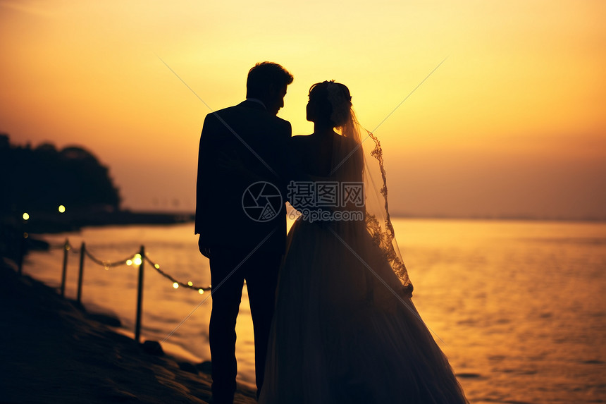 海边拍婚纱照的情侣图片