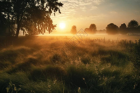日出阳光照在田野上图片