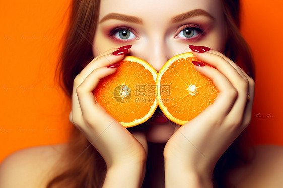 手拿橙子的美女图片