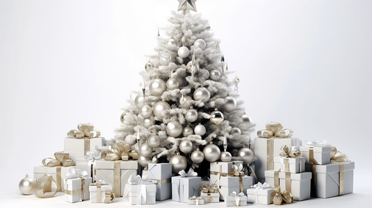 白色背景下的圣诞树和礼盒图片