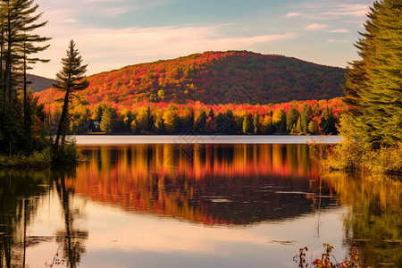 秋天的湖边森林图片