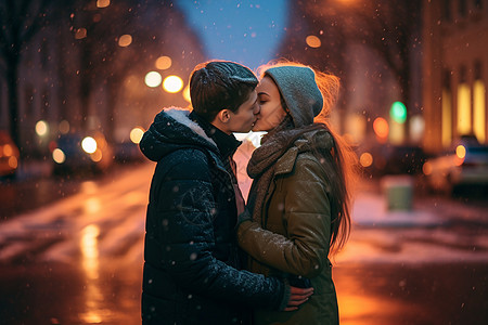 街道上接吻的情侣图片